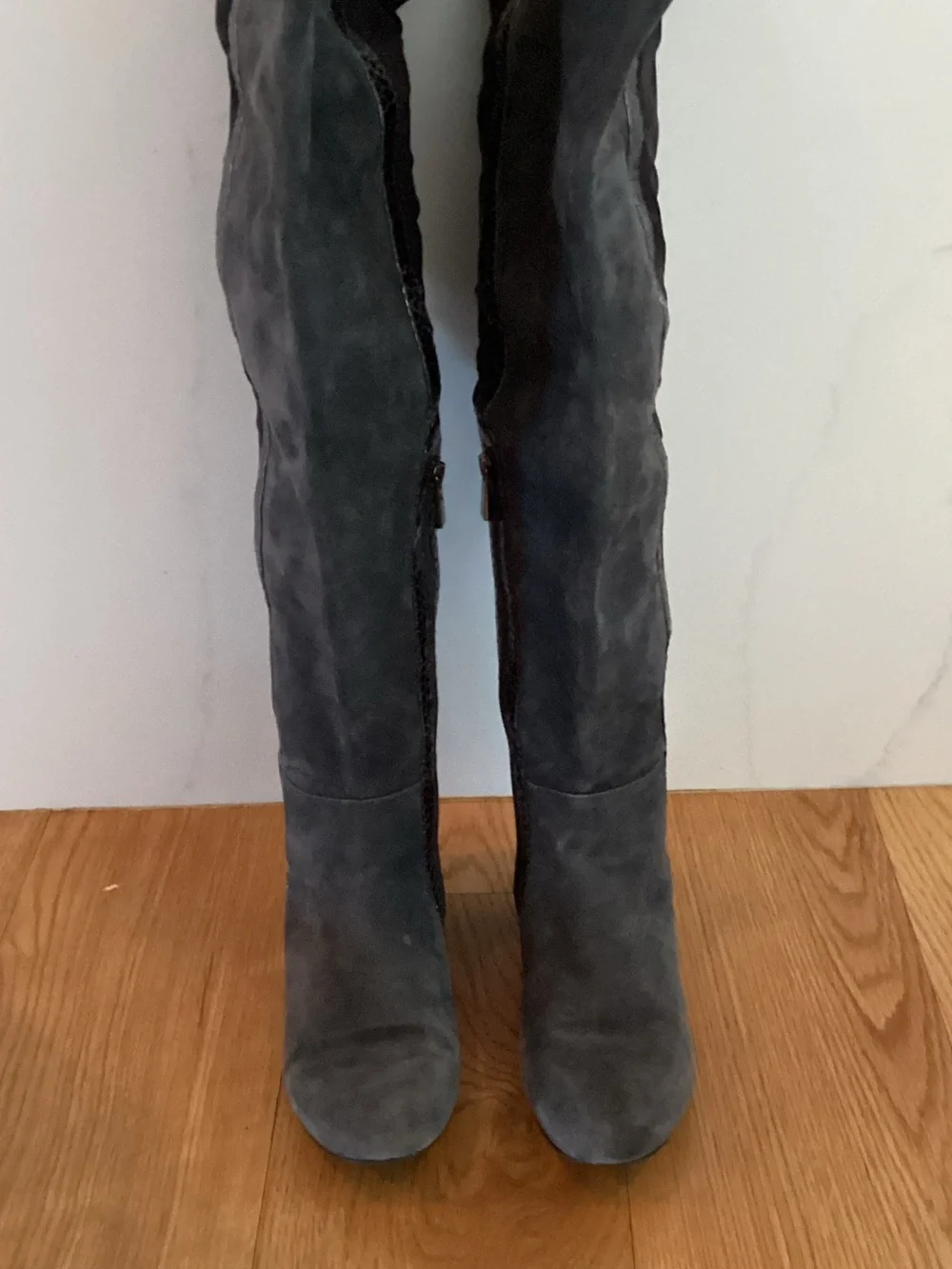Vince Camuto Charcoal Gray Over-the-Knee Suede Boots with Snake-Trim